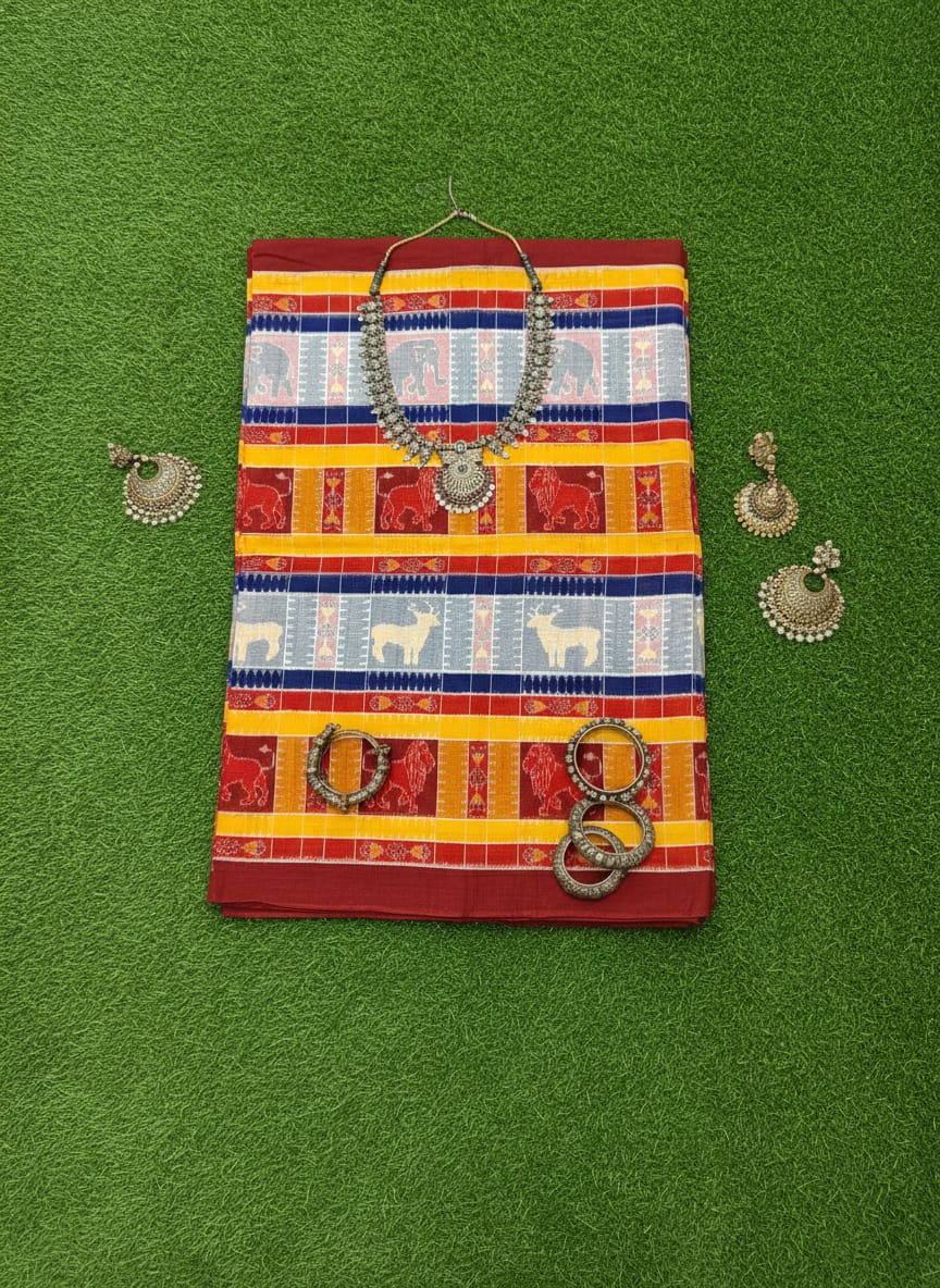 Yellow Multi Colour Animal Design Sambalpuri Fabrics