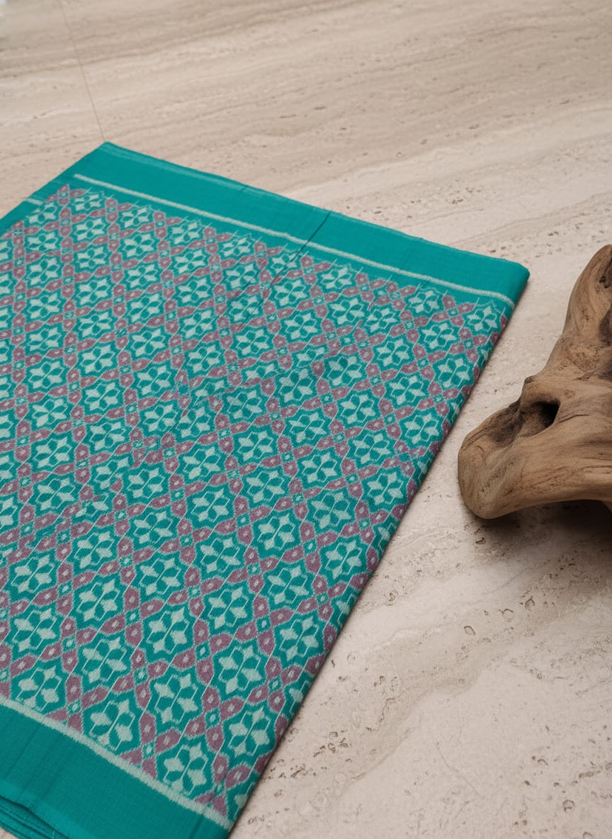 Sea Green Maroon Flower Design Sambalpuri Fabrics