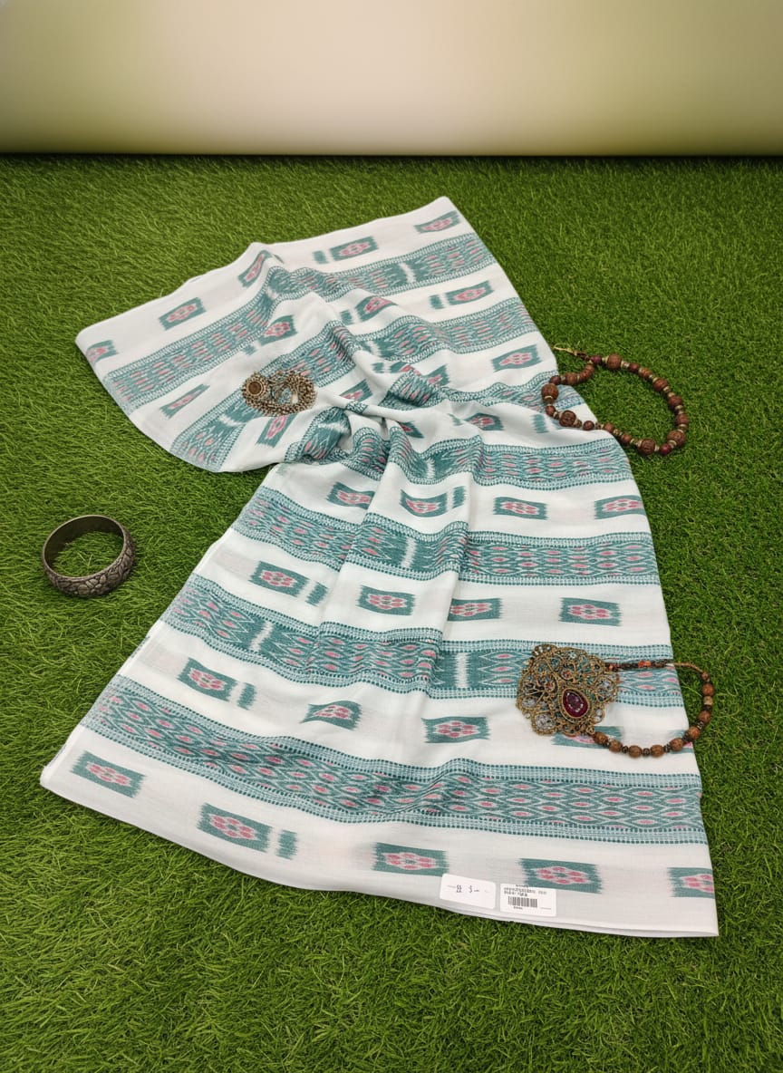 White Green Flower Design Sambalpuri Fabrics