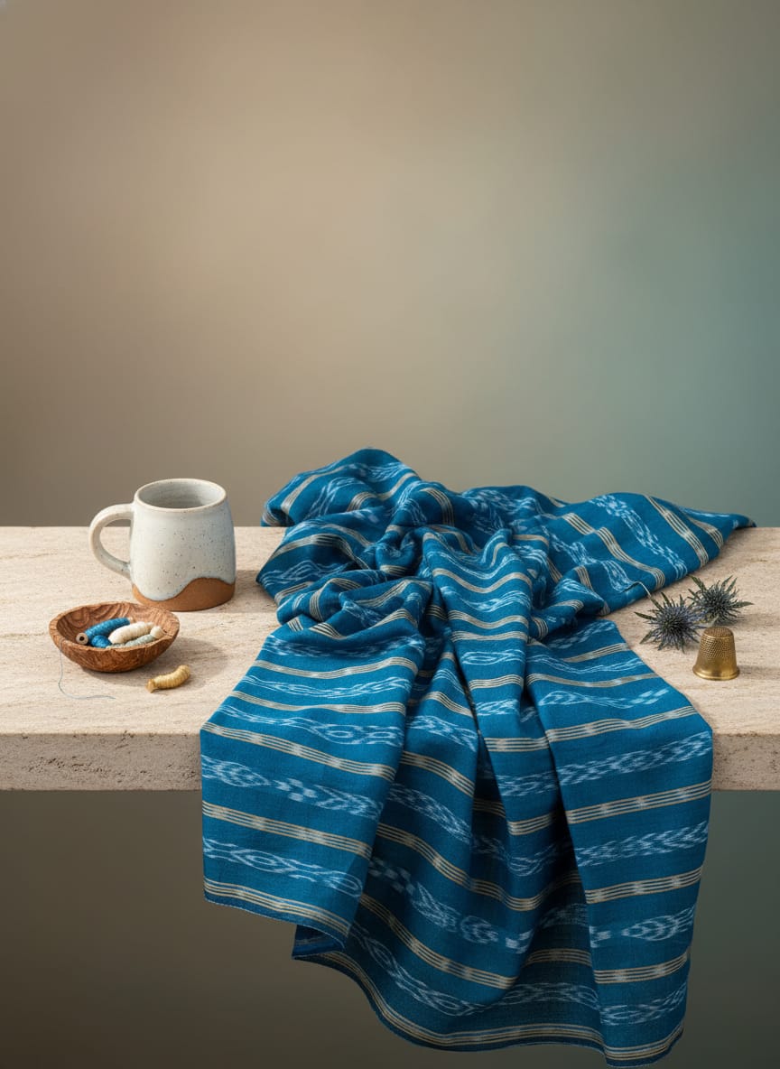 Teal Blue Ikat Flower Design Nuapatna Fabrics