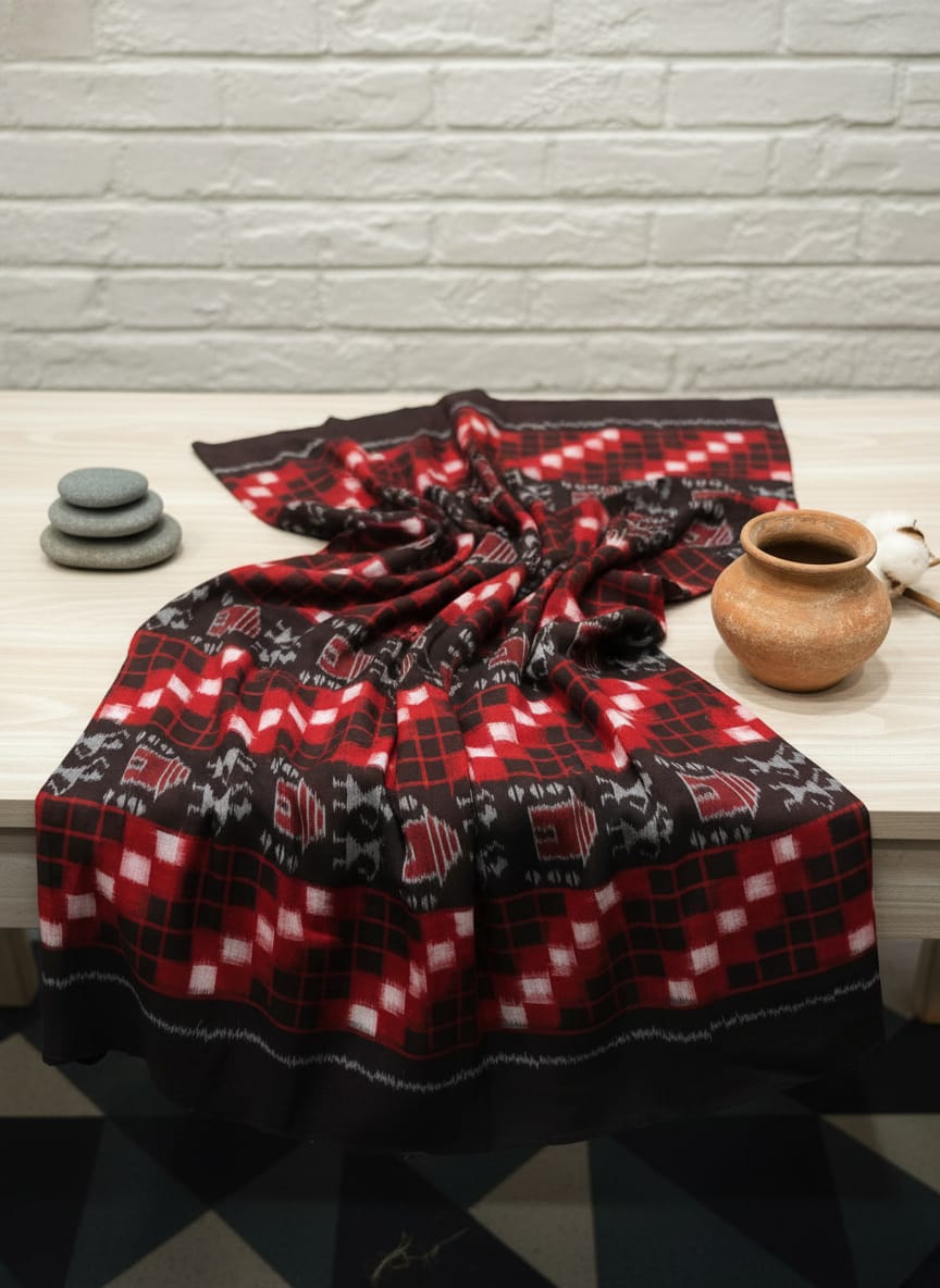 Red Black Tribal And House Design Sambalpuri Fabrics