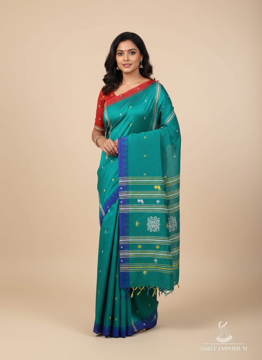 Green Ganga Jamuna Border Odisha Handloom Kotpad Cotton Saree