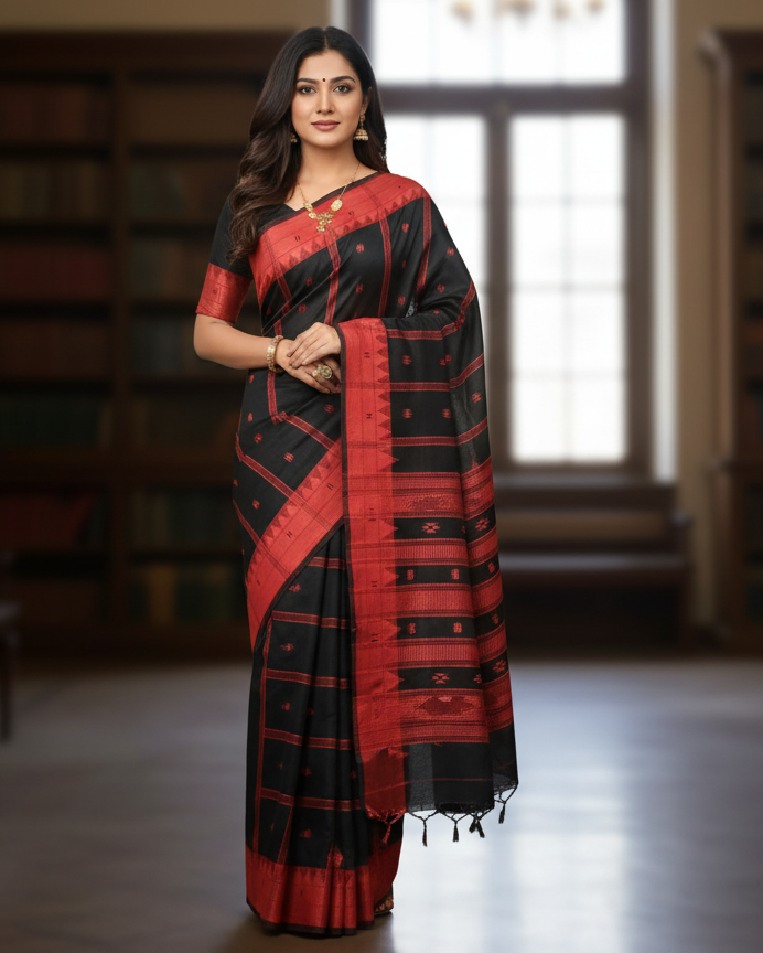 Black Red Plain Border Odisha Handloom Kotpad Tussar Saree