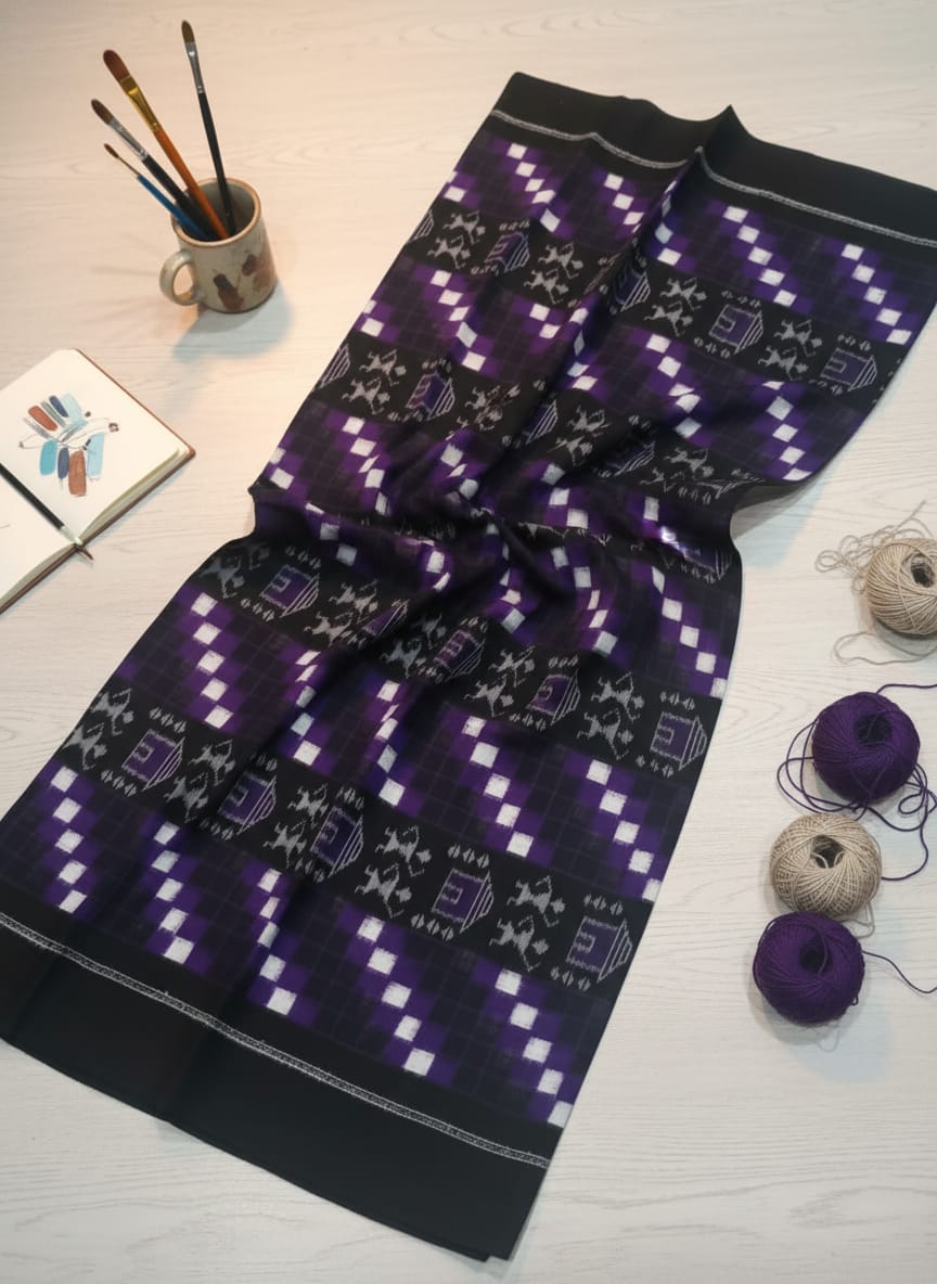 Black Purple White Pasapali And Tribal Ikat Design Sambalpuri Fabrics