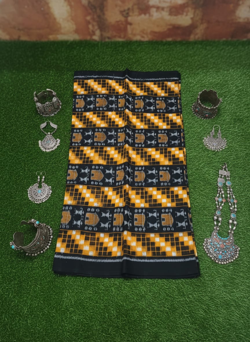 Black Yellow White Pasapali And Tribal Ikat Design Sambalpuri Fabrics