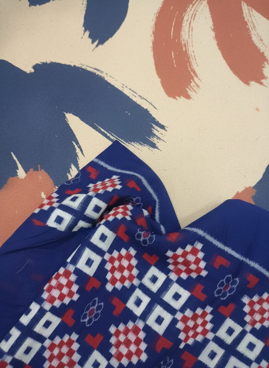 Blue Red White Pasapali And Flower Ikat Design Sambalpuri Fabrics