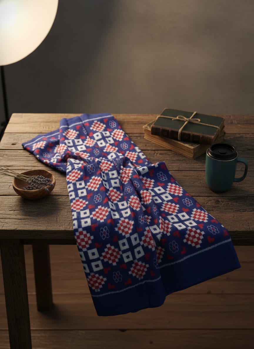 Blue Red White Pasapali And Flower Ikat Design Sambalpuri Fabrics