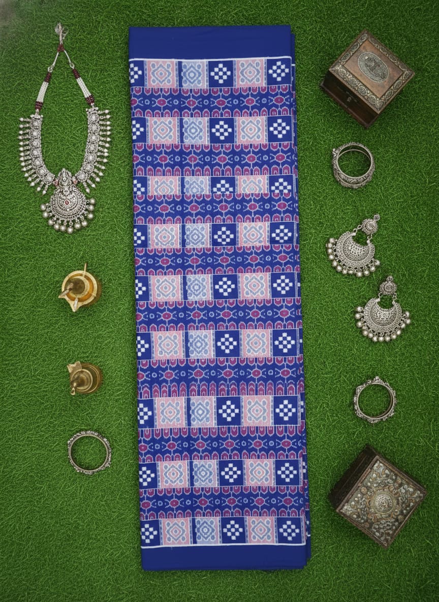 Blue White Mini Pasapali And Flower Ikat Design Sambalpuri Fabrics