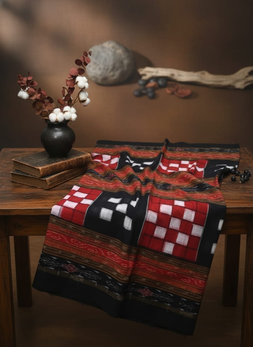 Red Black White Bichitrapuri Design Sambalpuri Fabric