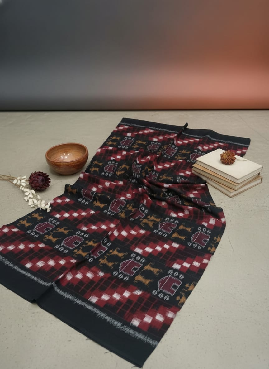 Black Red White Pasapali And Tribal Ikat Design Sambalpuri Fabrics