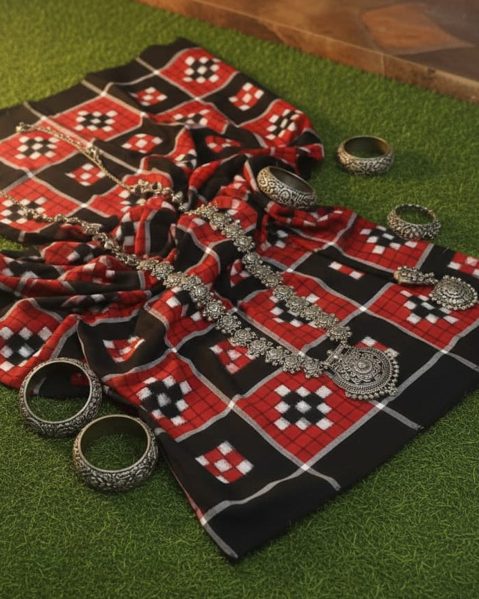 Black Red White 37 Kothi Pasapali Ikat Design Sambalpuri Fabrics