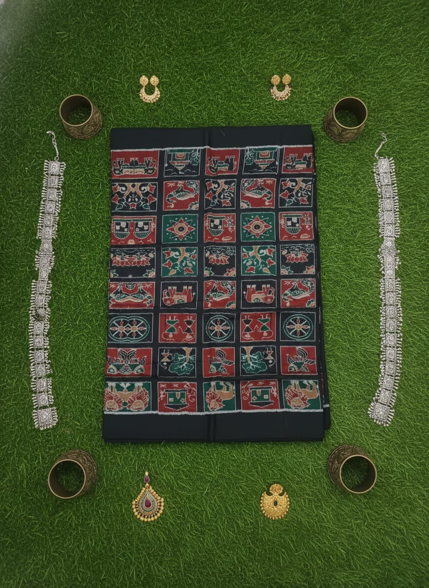 Black Maroon Green Nabakothi Ikat Design Sambalpuri Fabrics