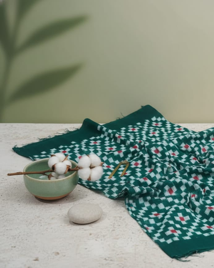 Green White Red Pasapali Design Sambalpuri Fabrics