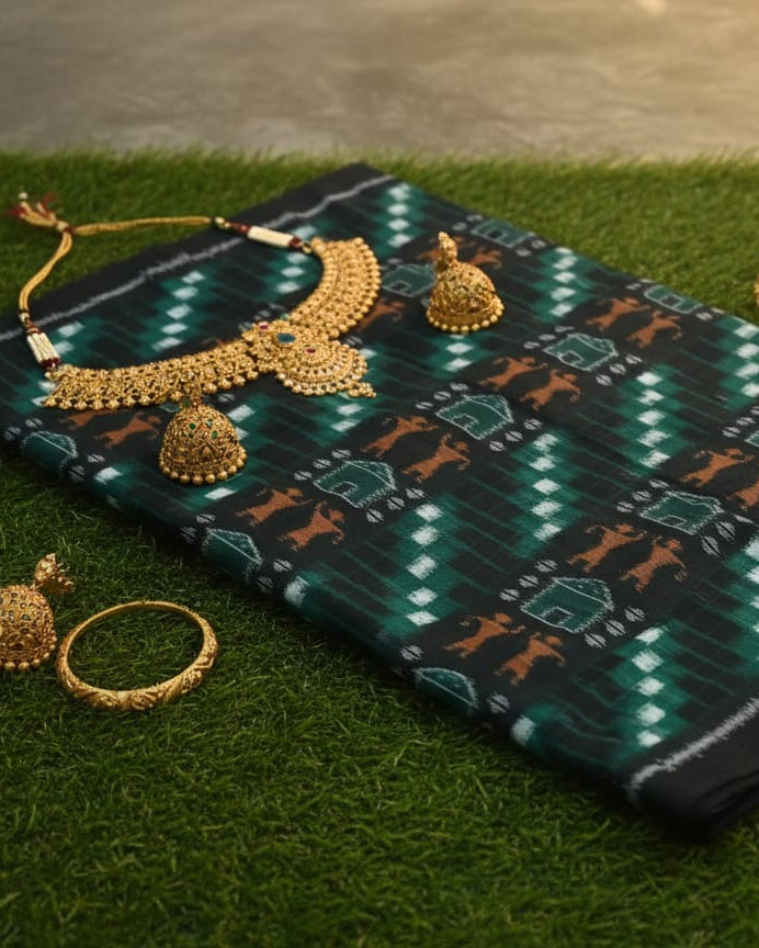 Black Green White Pasapali And Tribal Ikat Design Sambalpuri Fabrics