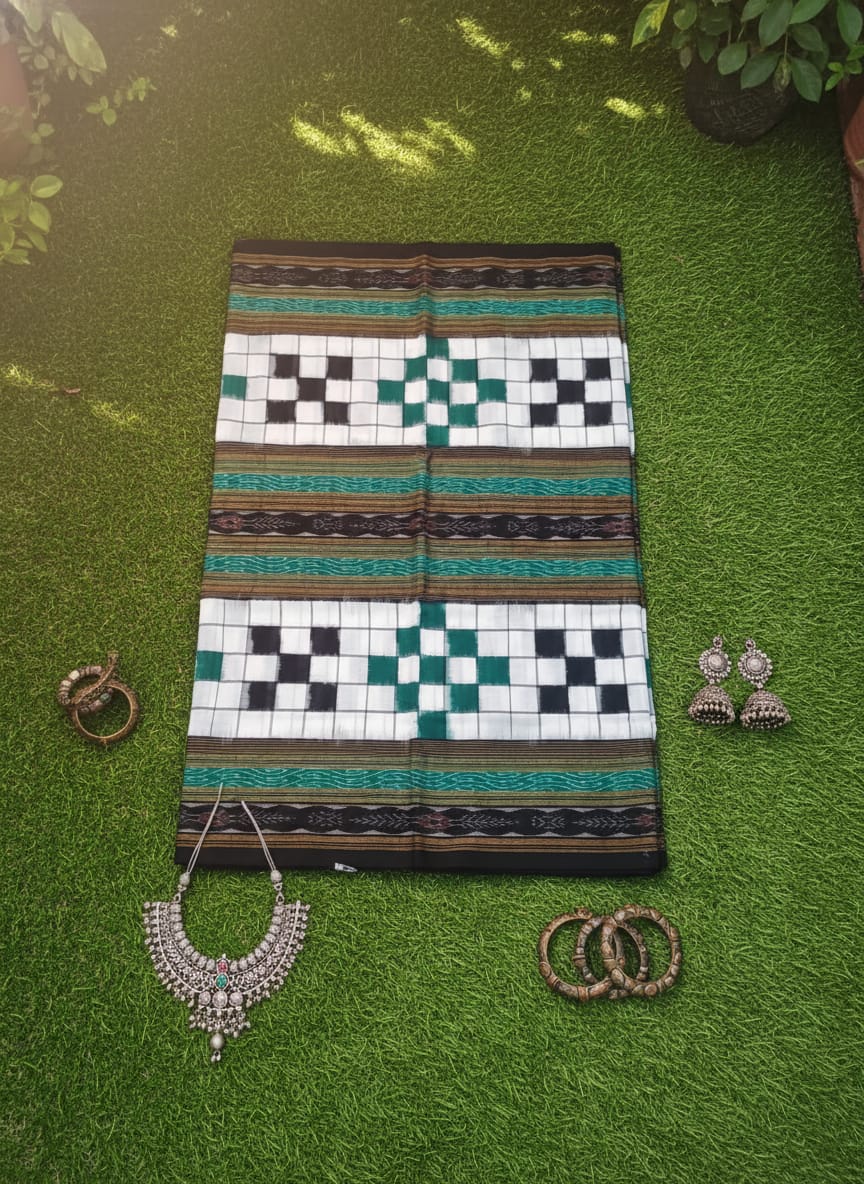 White Green Black Bichitrapuri Design Sambalpuri Fabrics