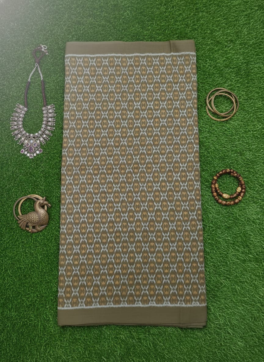 Mehendi Green White Flower Ikat Design Sambalpuri Fabrics