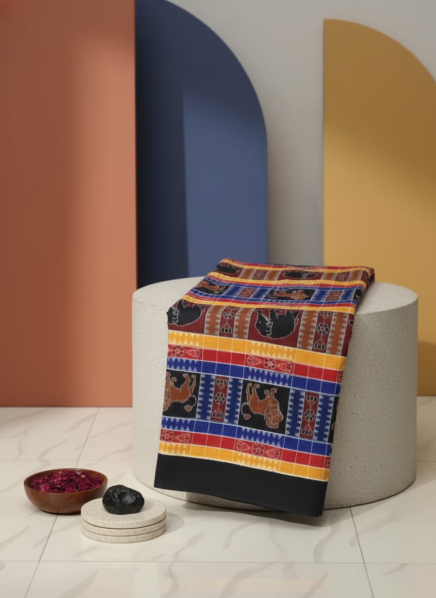 Yellow Blue Black Multi Colour Animal Utkal Laxmi Design Sambalpuri Fabrics