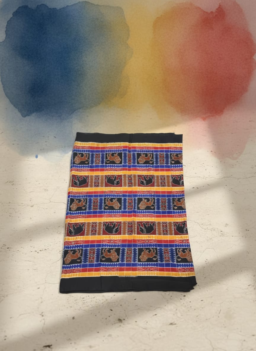 Yellow Blue Black Multi Colour Animal Utkal Laxmi Design Sambalpuri Fabrics