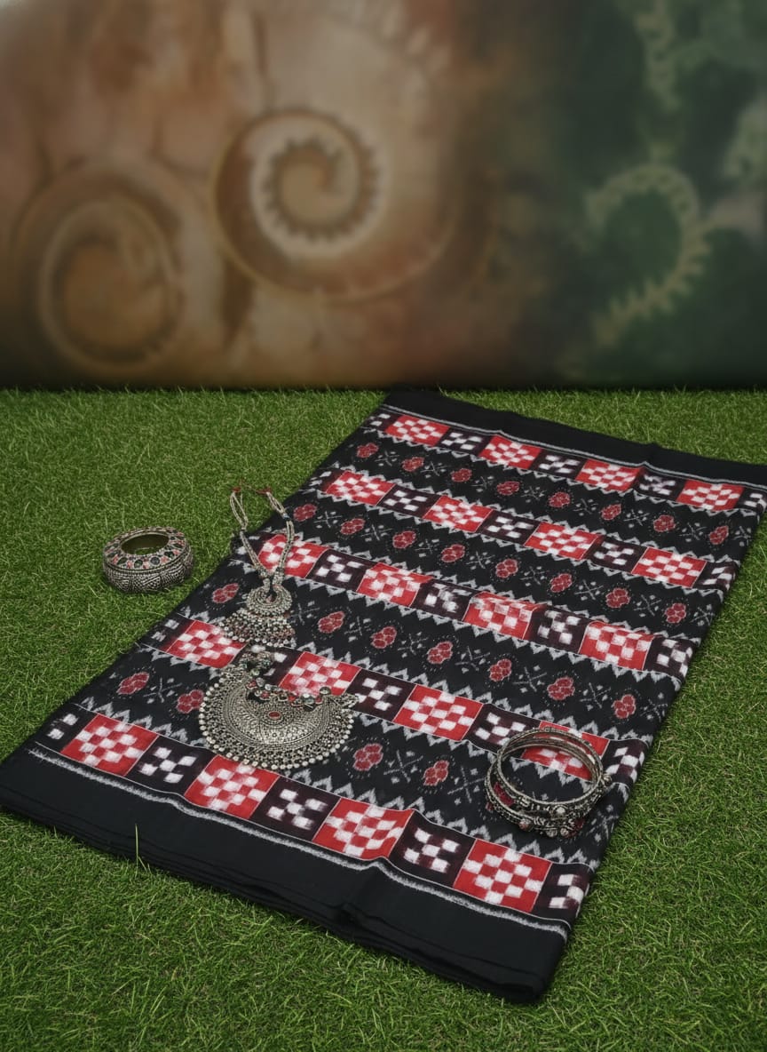 Black Red White Pasapali And Flower Design Sambalpuri Fabrics