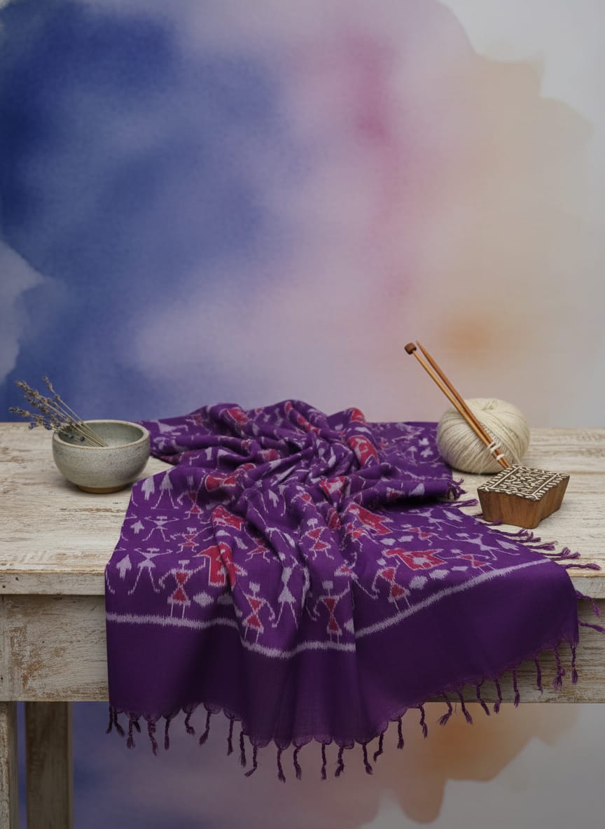 Purple Tribal And House Design Sambalpuri Fabrics