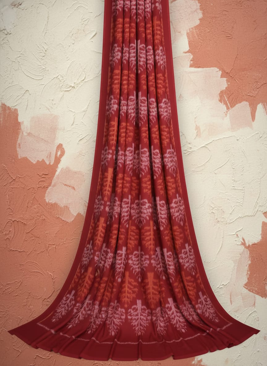 Maroon White Yellow Tree Design Sambalpuri Fabrics