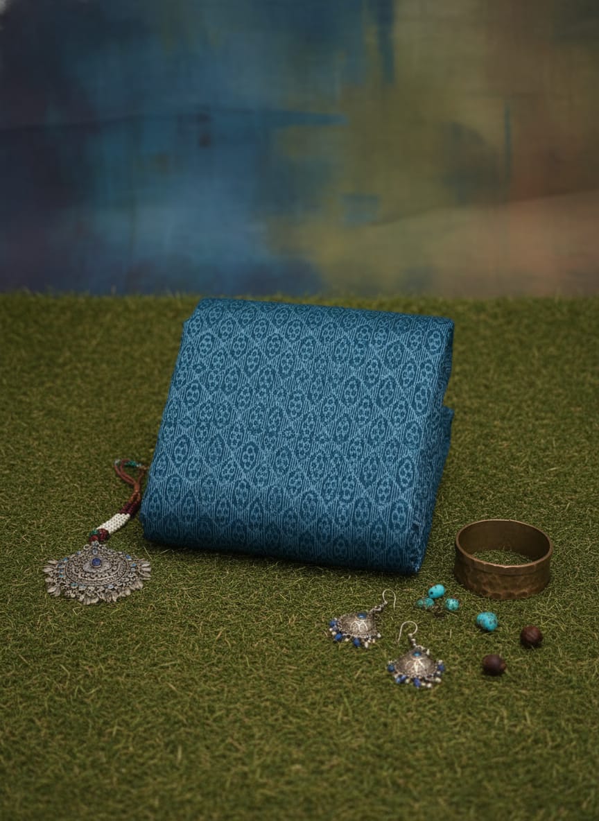 Teal Blue Flower Ikat Design Sambalpuri Fabrics