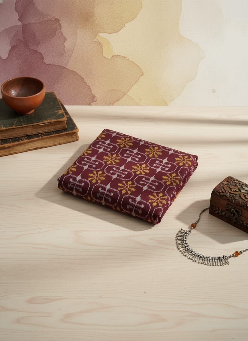 Maroon Yellow Flower Ikat Design Sambalpuri Fabrics