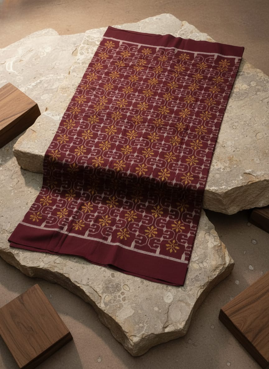 Maroon Yellow Flower Ikat Design Sambalpuri Fabrics