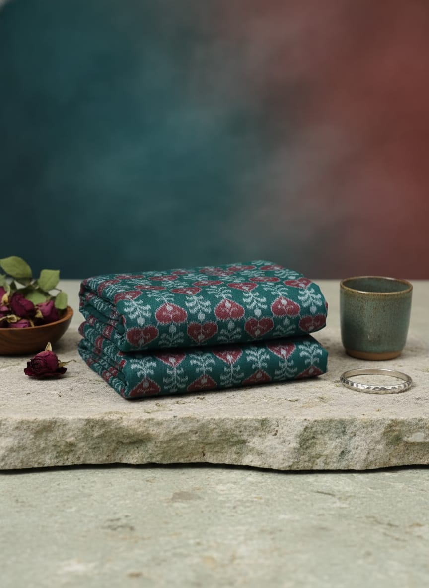 Dark Green Hearts And Flower Ikat Design Sambalpuri Fabrics