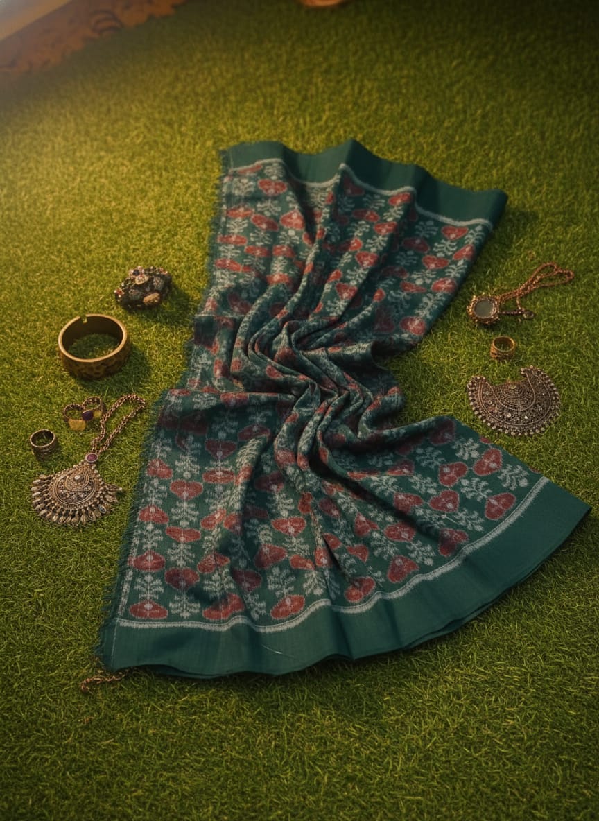 Dark Green Hearts And Flower Ikat Design Sambalpuri Fabrics
