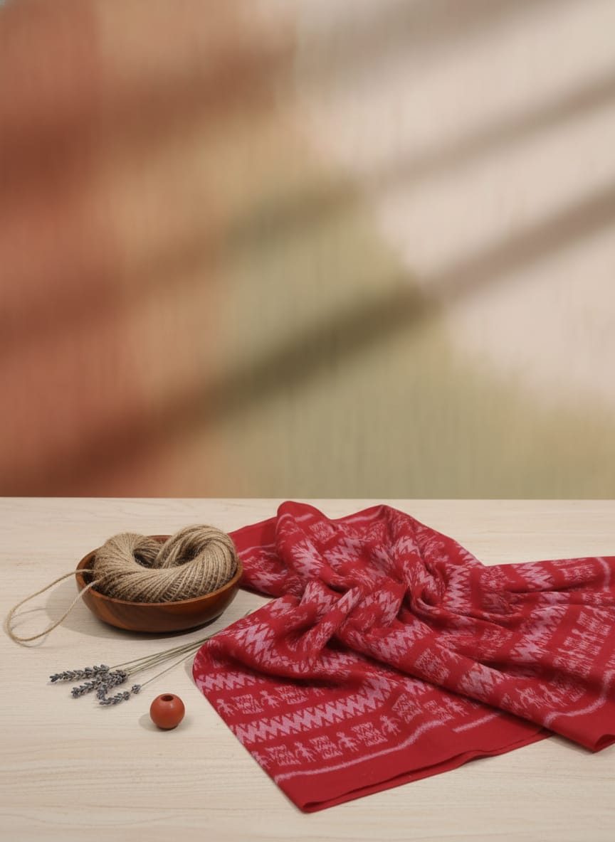 Red White Tribal Ikat Design Sambalpuri Fabrics