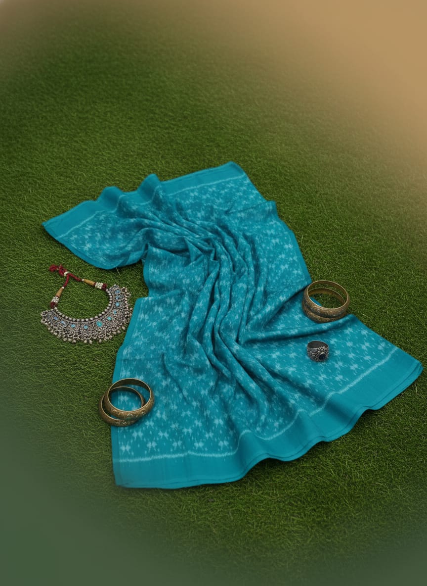 Rama  Green White Ikat Design Sambalpuri Fabrics