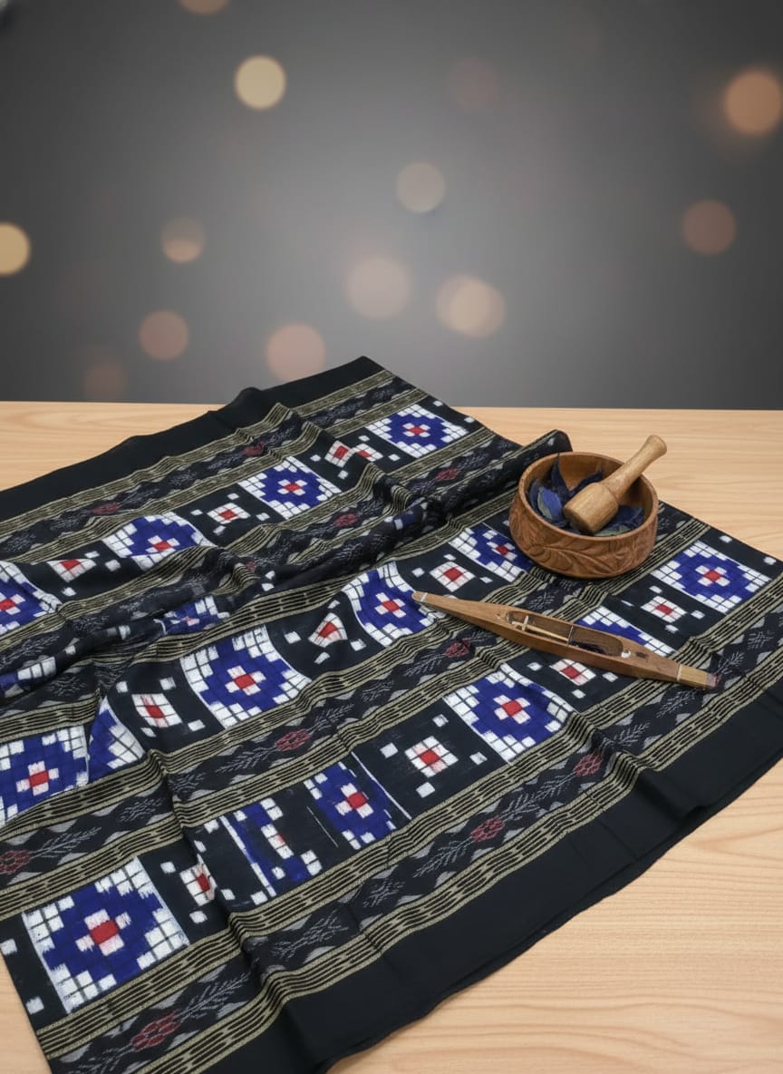 Blue Black White Pasapali Design Sambalpuri Fabrics
