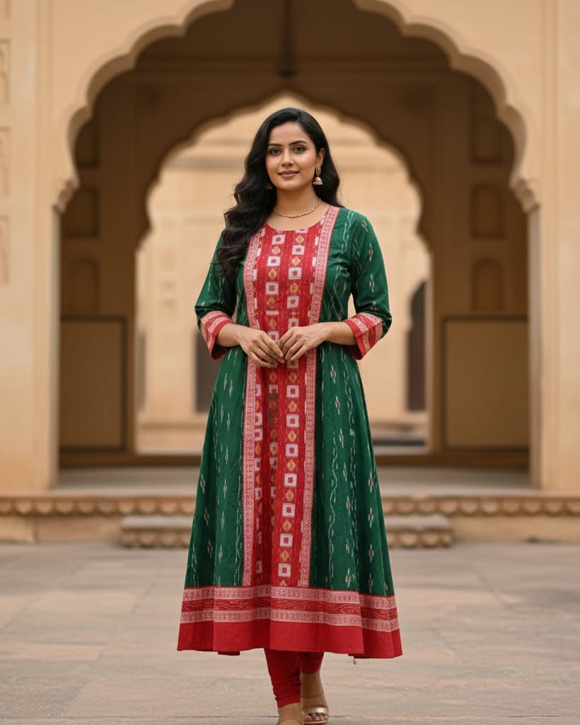 Green Red White Pasapali Designer A-Line Anarkali