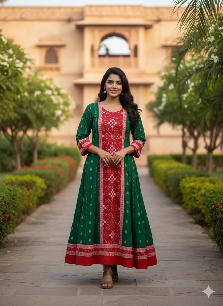 Green Red White Ikat Pasapali Designer A-Line Anarkali