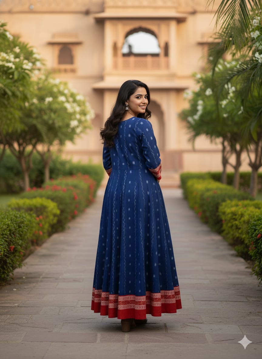 Navy Blue Red White Ikat Pasapali Designer A-Line Anarkali