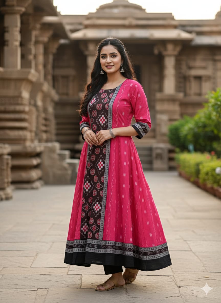 Pink Black Flower And Ikat Pasapali Designer A-Line Anarkali