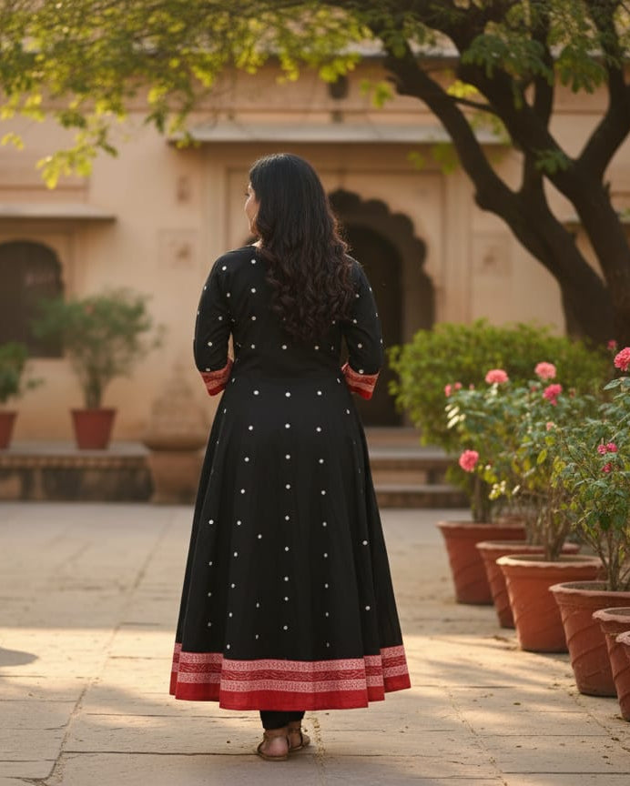 Black Red Buti Square Pasapali Designer A-Line Anarkali