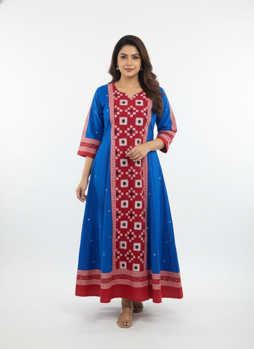 Blue Red White ikat Square Pasapali Designer A-Line Anarkali