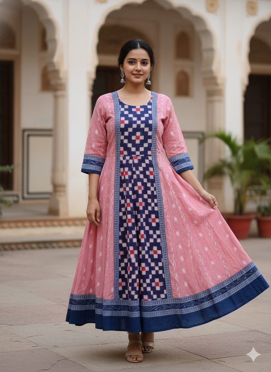 Peach Blue Pasapali  Designer A-Line Anarkali