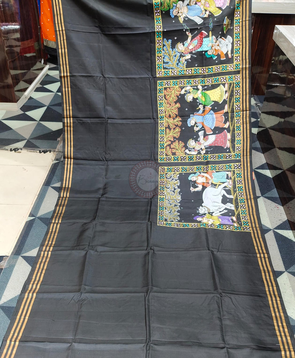 Black All Festival Theme Pattachitra Kanjeeveram Silk Saree