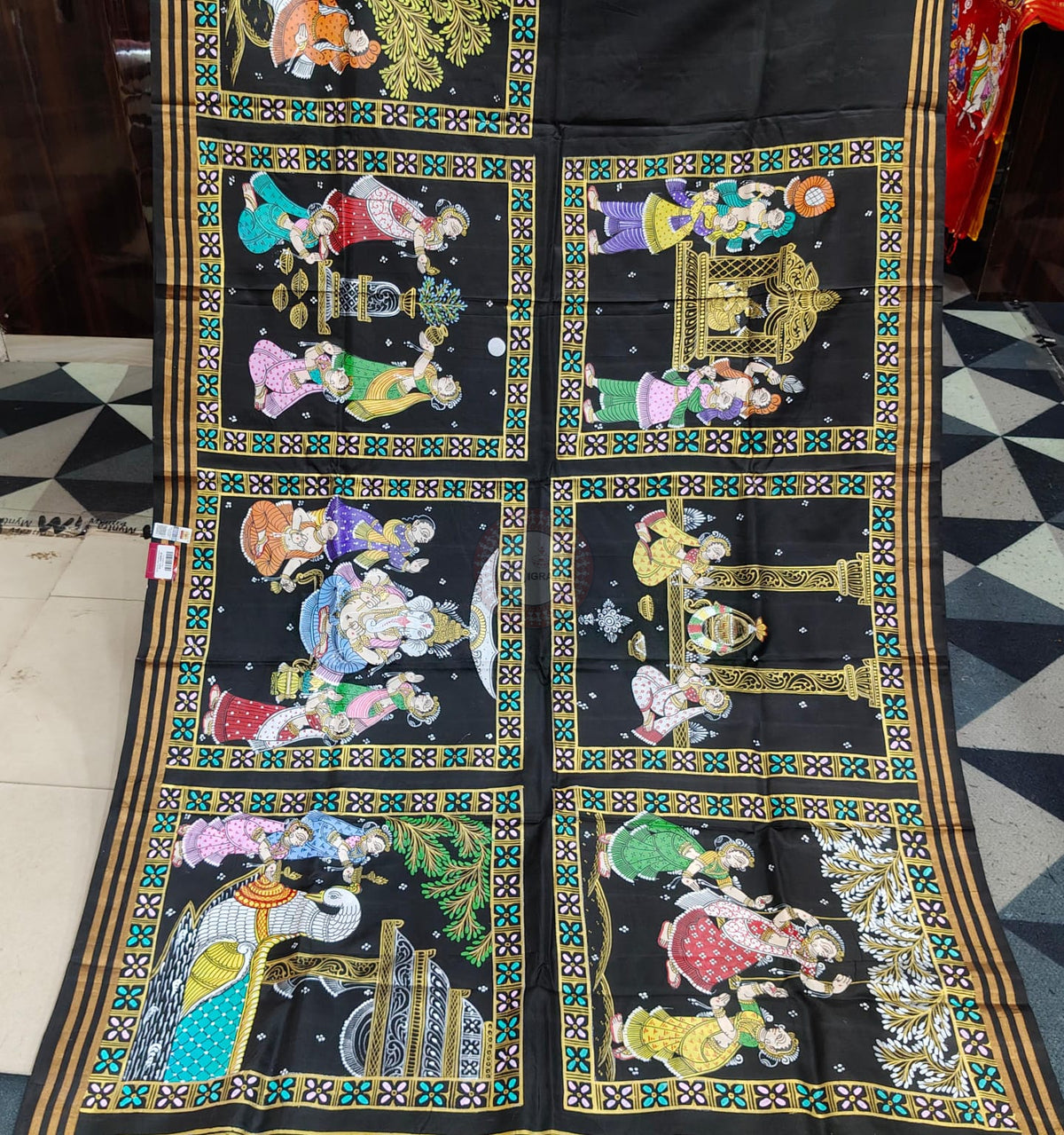 Black All Festival Theme Pattachitra Kanjeeveram Silk Saree