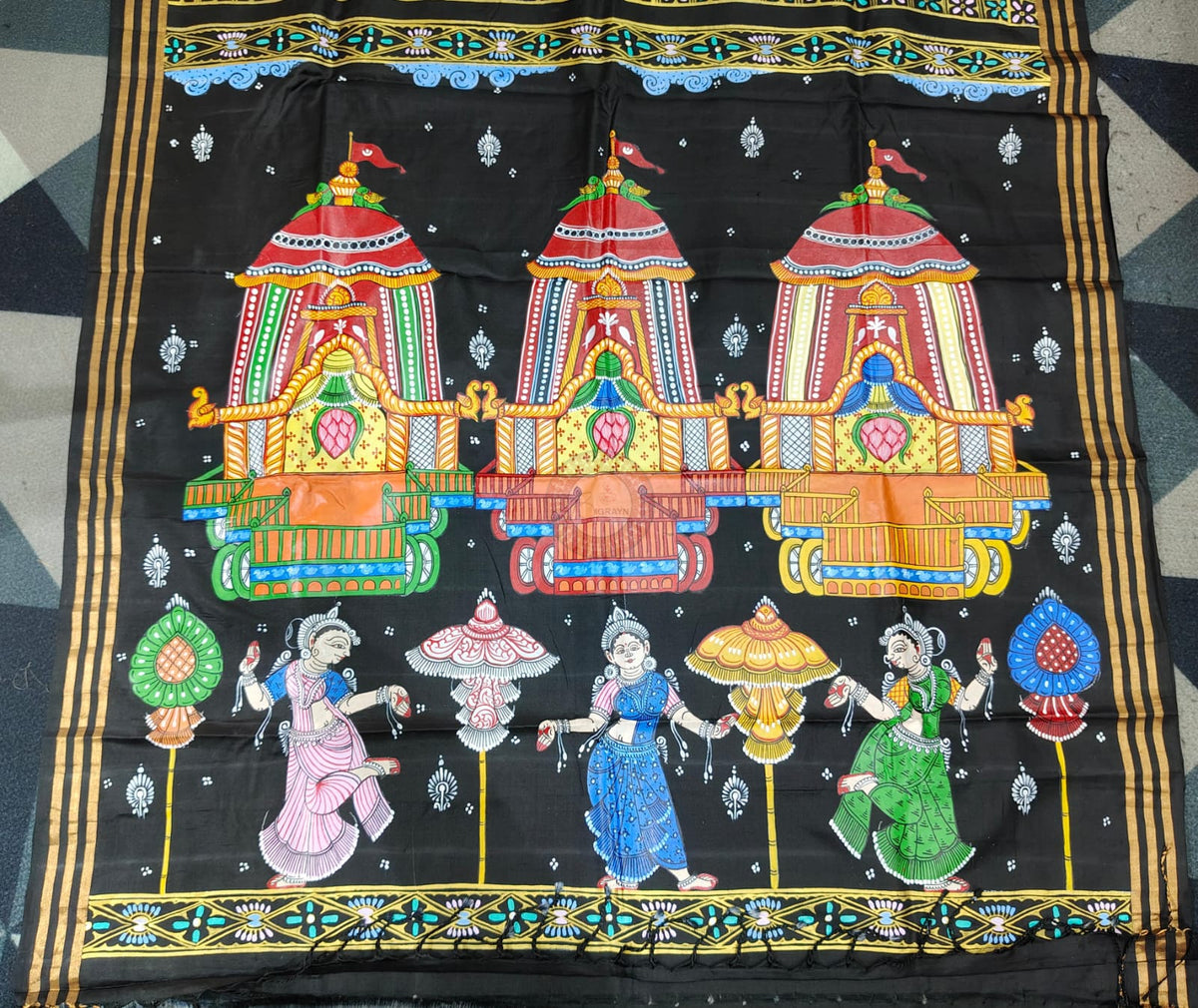 Black All Festival Theme Pattachitra Kanjeeveram Silk Saree