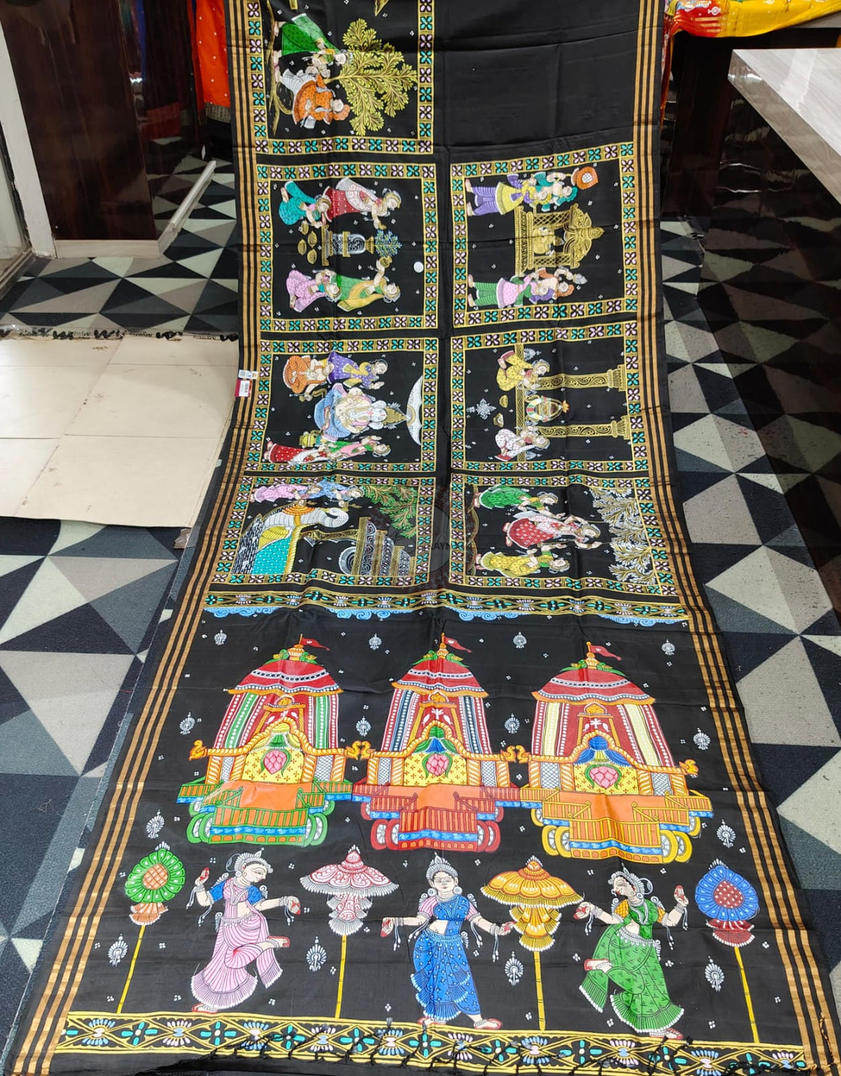 Black All Festival Theme Pattachitra Kanjeeveram Silk Saree