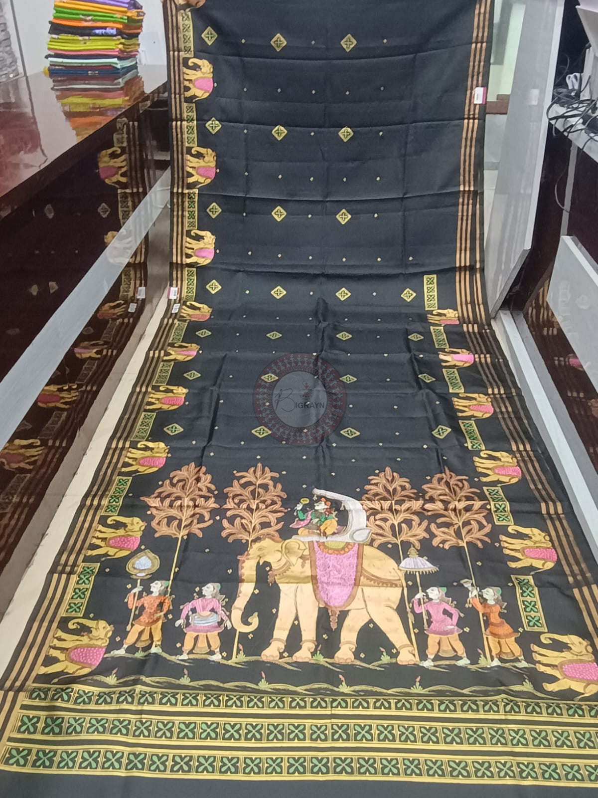 Black Ashoka Theme Pattachitra Kanjeeveram Silk Saree