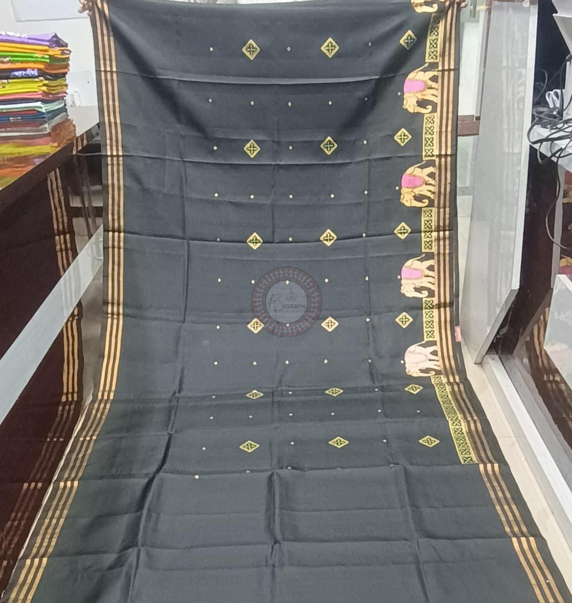 Black Ashoka Theme Pattachitra Kanjeeveram Silk Saree