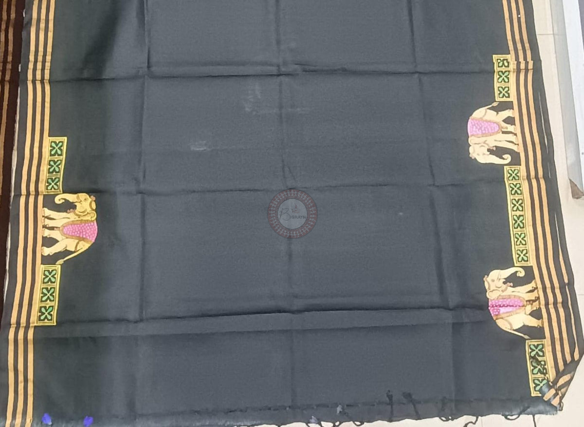 Black Ashoka Theme Pattachitra Kanjeeveram Silk Saree