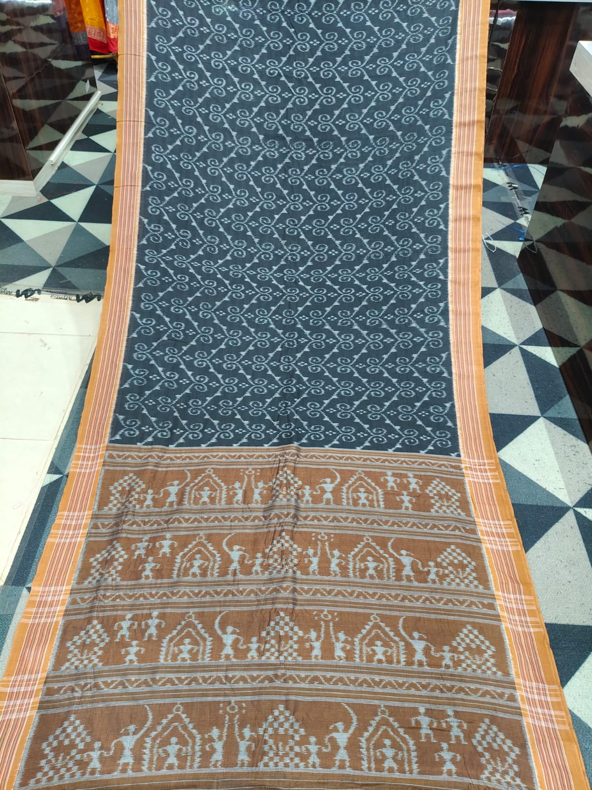 Black Brown Flower Design Khandua Cotton Saree