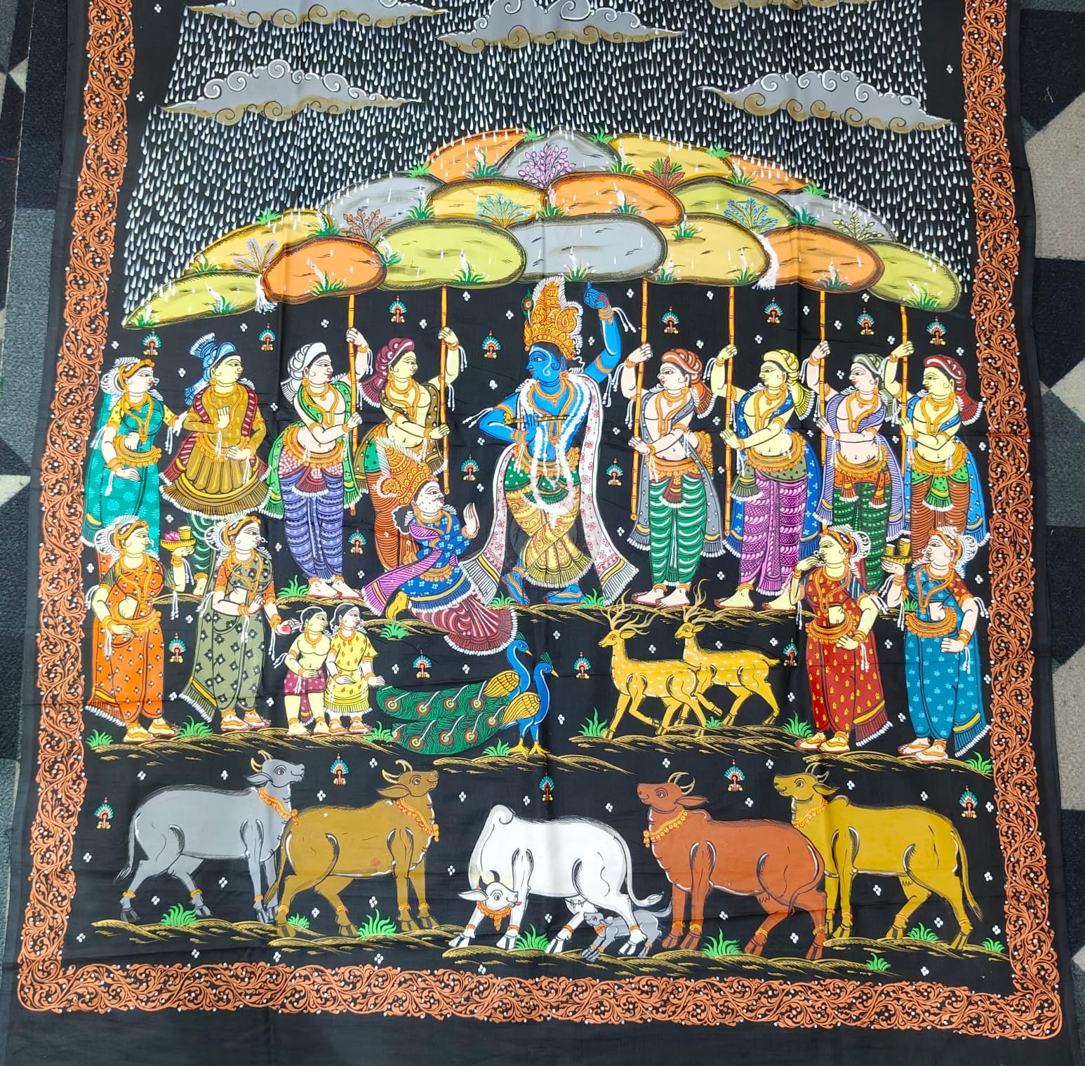 Black Giri Govardhan Theme Pattachitra Khadi Silk Saree