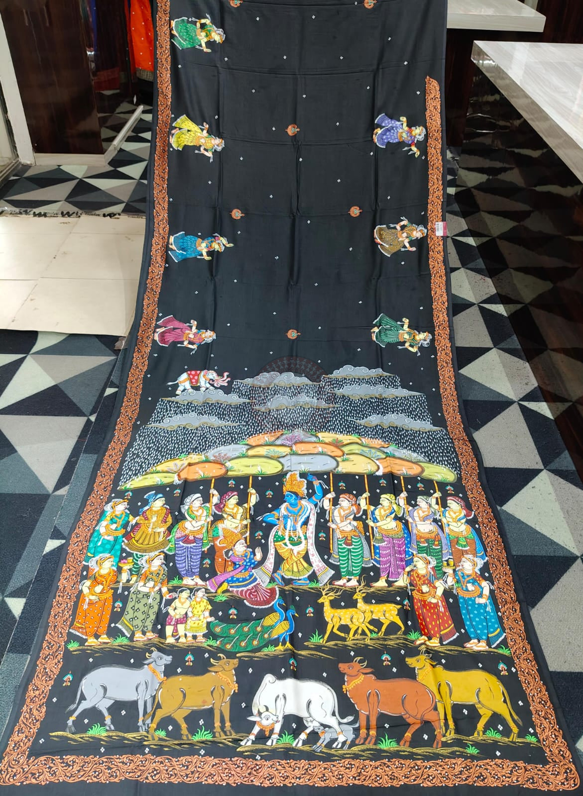 Black Giri Govardhan Theme Pattachitra Khadi Silk Saree